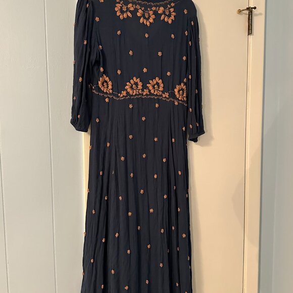 🩵Free People Dress Pink Embroidery V-neck Drawstring Midi Maxi Dress Size Small - Picture 7 of 8